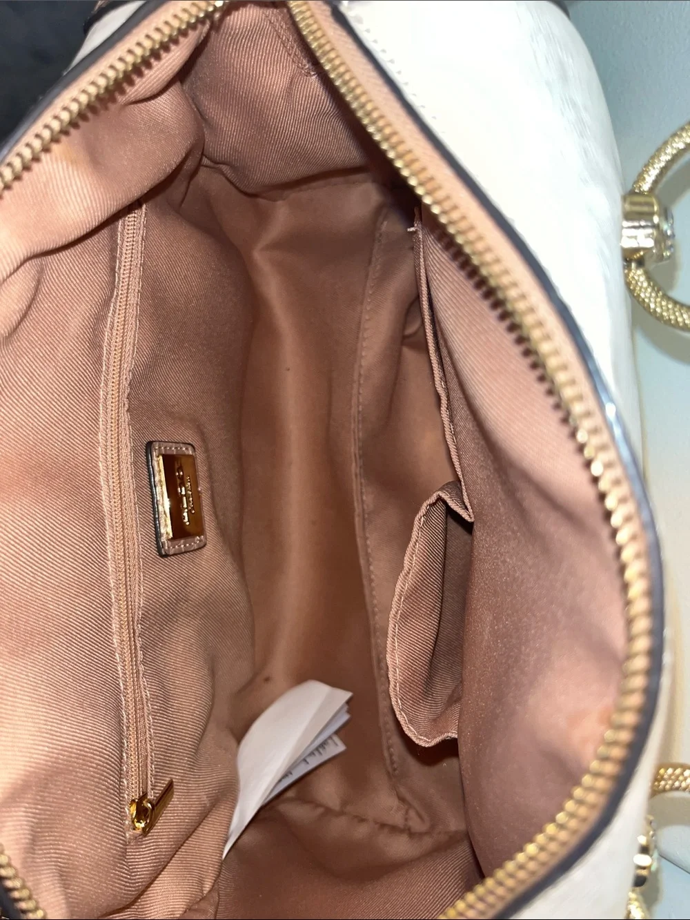 Aldo Cream and Tan Satchel with Gold Hardware
